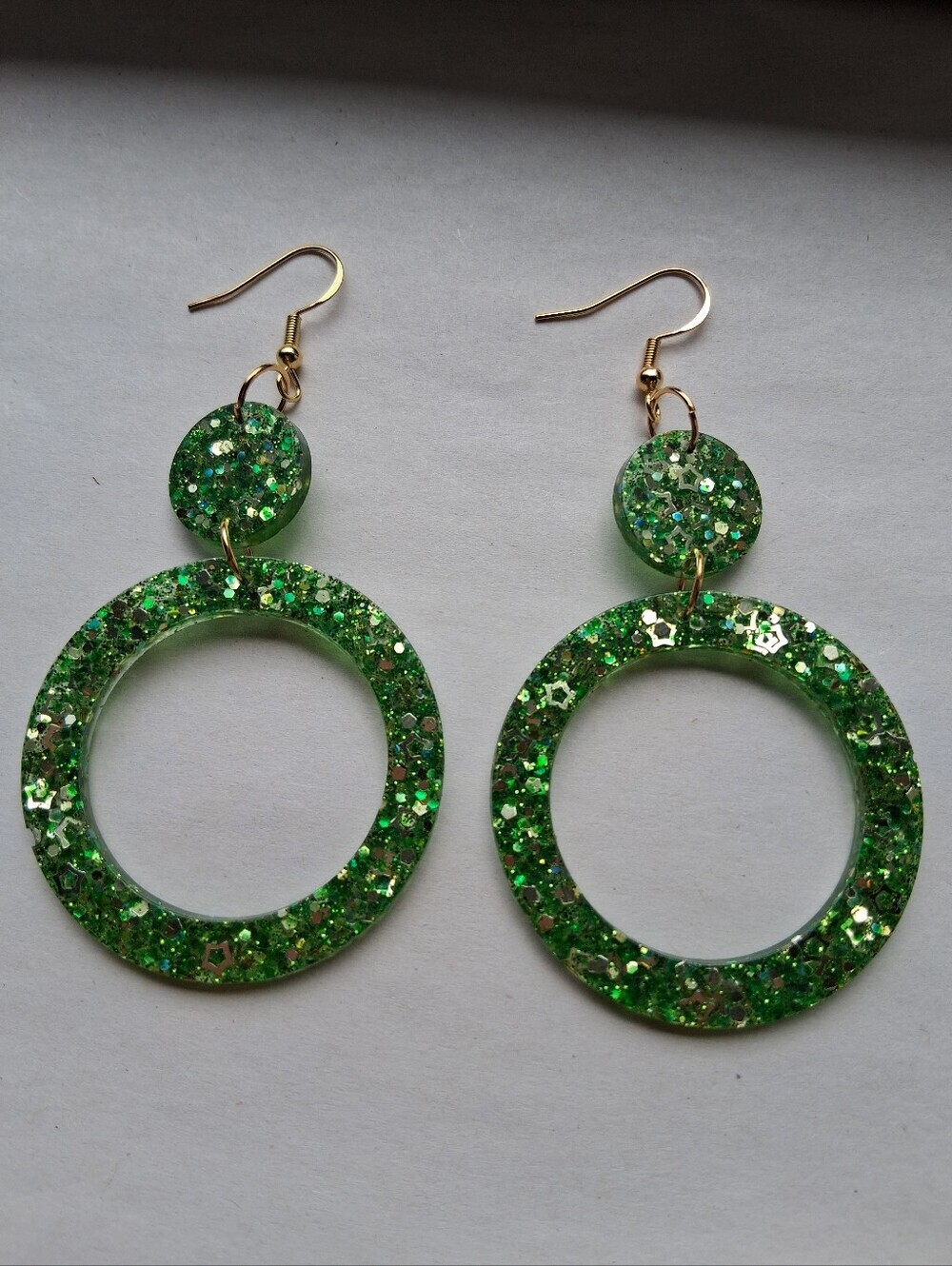 Hand Crafted Green Glitter Hoop Drop Earrings